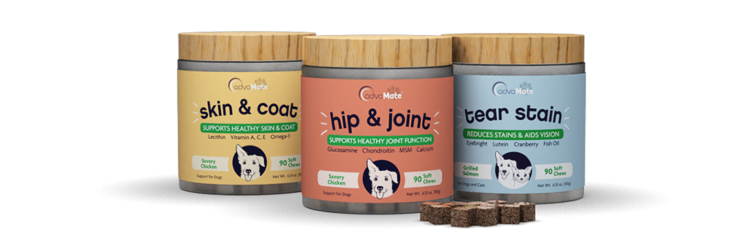 Wooden lid jars of AdvaMate soft chews for pets.