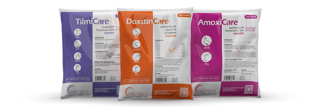 Therapeutic and dietary veterinary premixes available in sachets and bags.