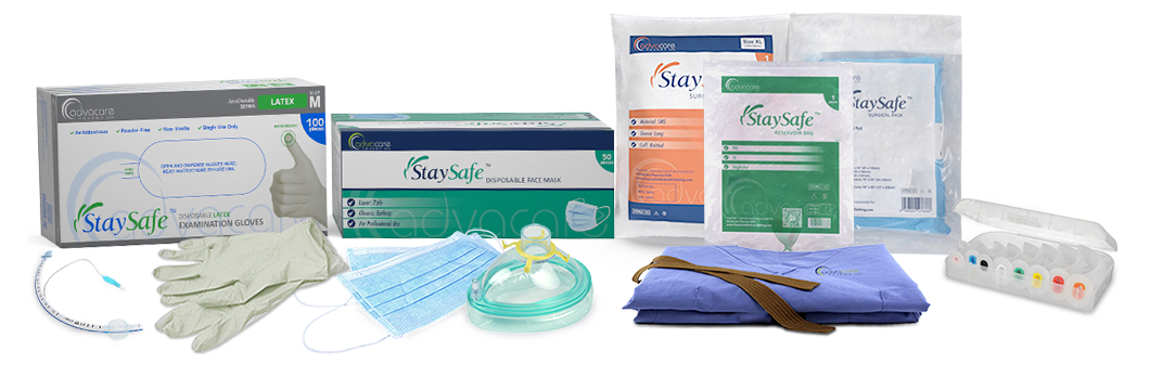 Medical disposable protective clothes and gear in different sizes and forms.