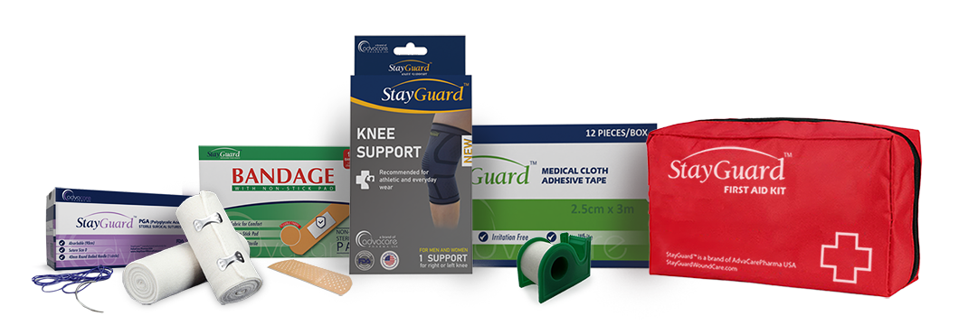 Boxes of skin and wound care supplies for wound closure or cleaning and body supports.