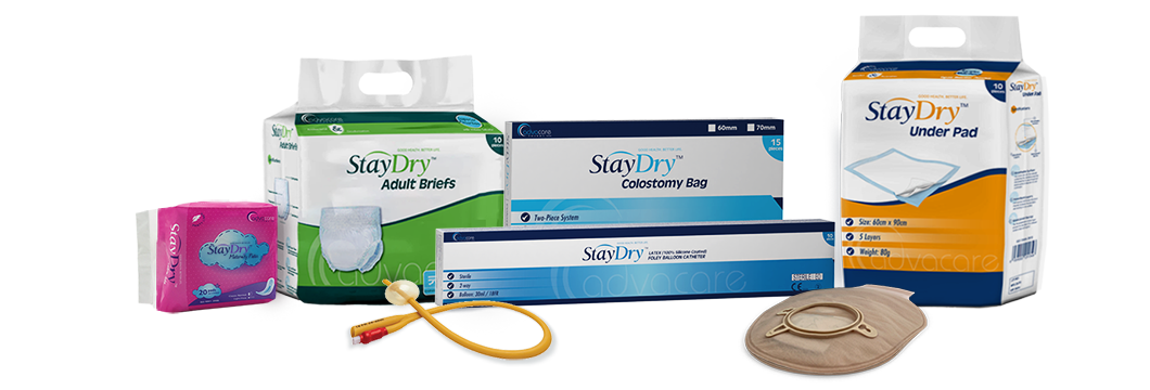 Packages of diapers and underpads and other urology necessities.