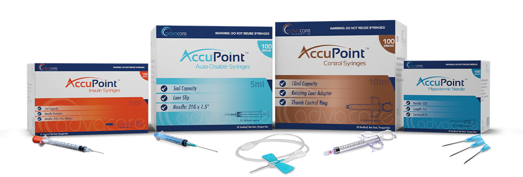 Une composition d'aiguilles et de seringues en vrac AdvaCare Pharma.