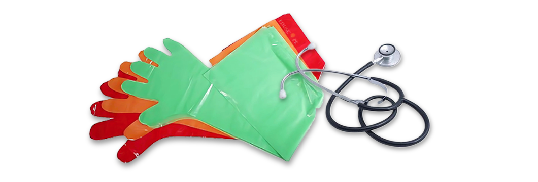Veterinary clothing, PPE and supplies used for examination of farm animals, livestock and pets.