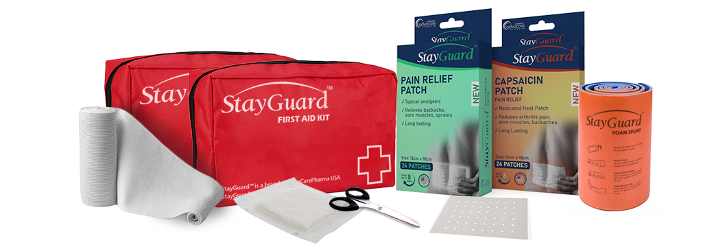 Emergency medical treatment first aid kits containing medical supplies.