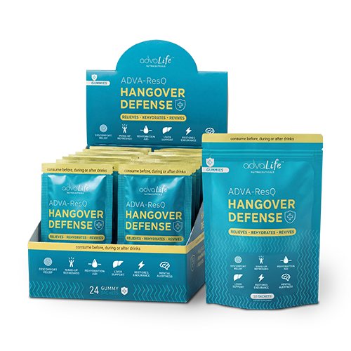 Hangover Gummies (advaResQ Morning Ready display box and pouch. High-potency DHM, NAC and Taurine blend for recovery.)