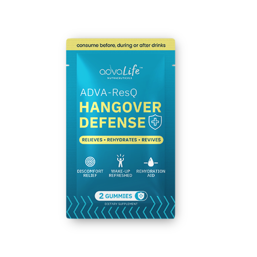 Hangover Gummies (advaResQ Morning Ready sachet with 2 chewables. DHM and NAC formula for portable hangover prevention.)