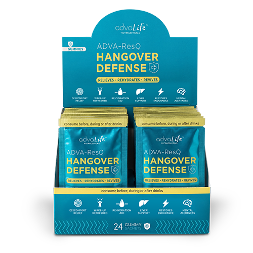 Hangover Gummies (advaResQ Morning Ready 24-pack sachet display box. Powerful DHM and NAC herbal blend for rapid relief.)