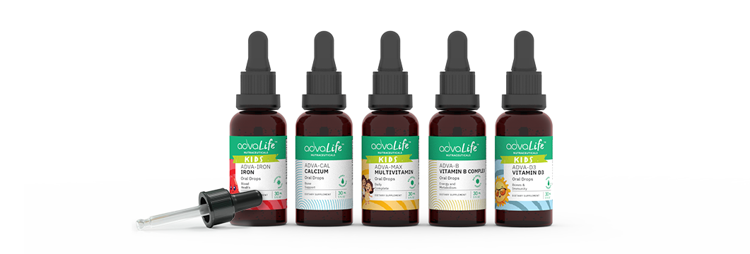 Liquid vitamins and minerals drop supplements for kids and adults.