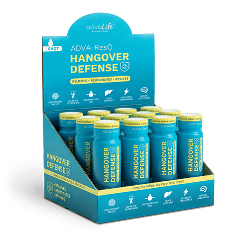 Hangover Drink (AdvaLife Adva-ResQ liver detox supplement including DHM, NAC and Taurine for effective hangover prevention.)