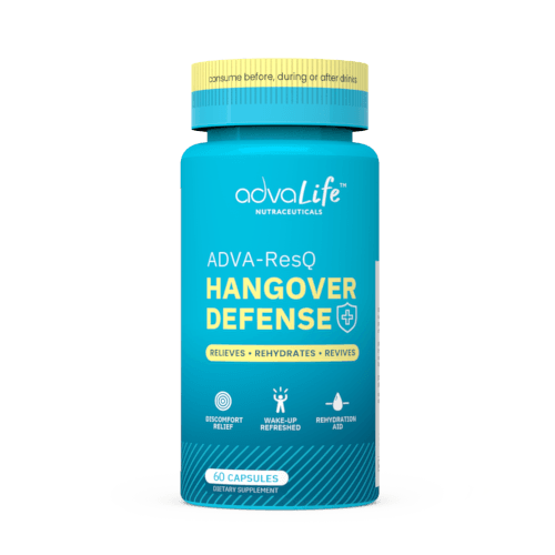 Hangover Pill (AdvaLife Adva-ResQ 60-capsule bottle. High-potency DHM and NAC formula to support alcohol metabolism.)
