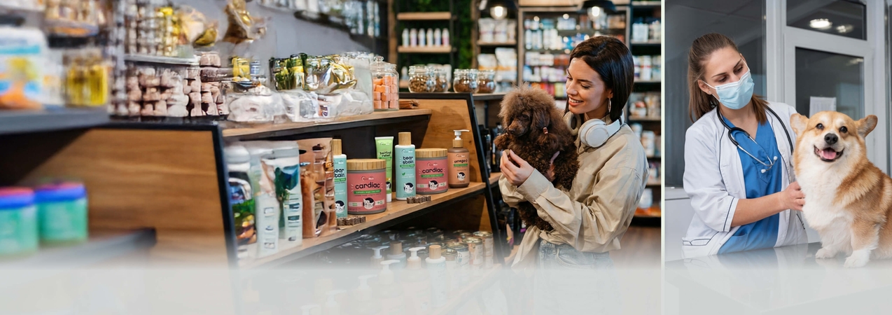 Productos para el cuidado de mascotas exhibidos en una tienda minorista junto a una mujer con un perro pequeño, en contraste con una veterinaria profesional con mascarilla y bata blanca cuidando a un Corgi.