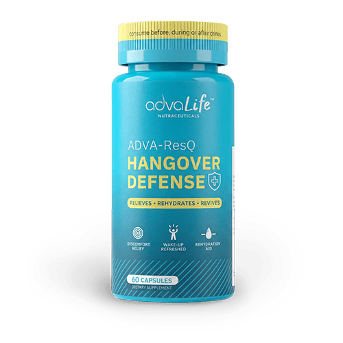 Hangover Pill (AdvaLife Adva-ResQ 60-capsule bottle. High-potency DHM and NAC formula to support alcohol metabolism.)