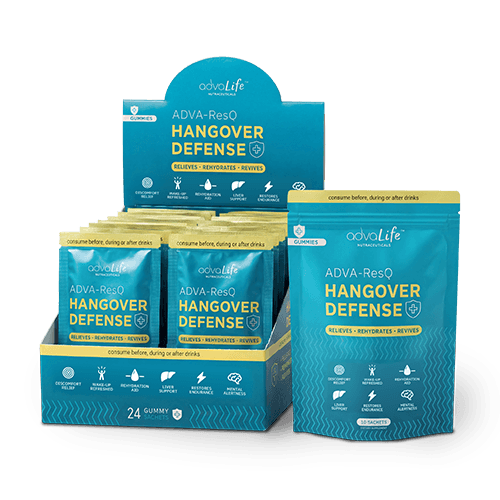Hangover Gummies (AdvaLife Adva-ResQ display box and pouch. High-potency DHM, NAC and Taurine blend for recovery.)