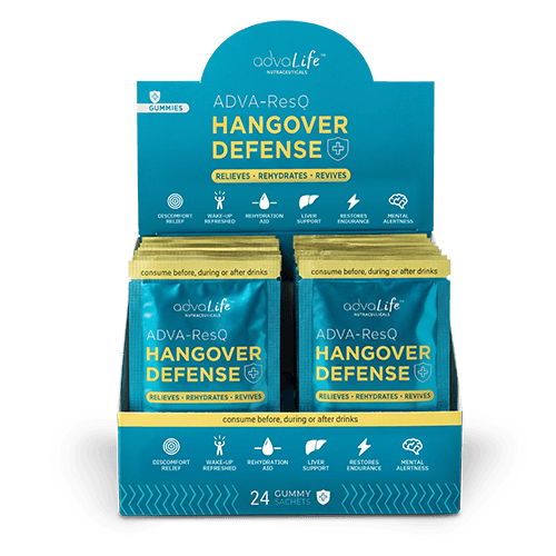 Hangover Gummies (AdvaLife Adva-ResQ 24-pack sachet display box. Powerful DHM and NAC herbal blend for rapid relief.)