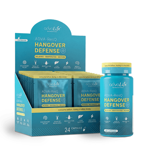 Hangover Pill (AdvaLife Adva-ResQ supplement with DHM, NAC and electrolytes for liver detox and hangover recovery support.)