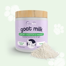 Dehydrated goat milk powder for dogs and cats, a digestive aid and nutrient-rich topper for pet food.