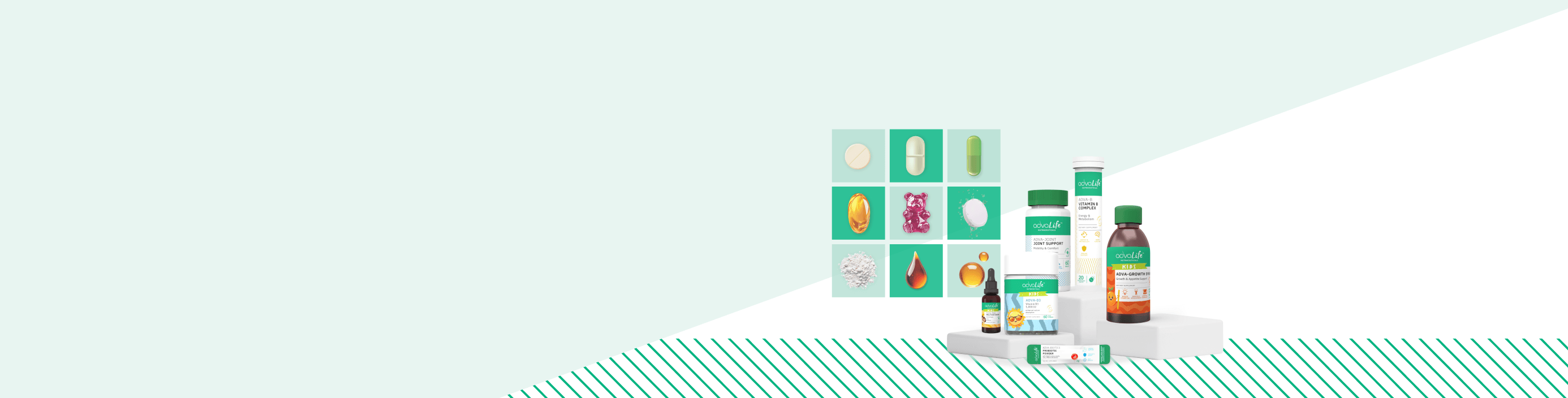 Different dosage forms of AdvaLife Supplements.