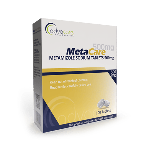 yellow box of metamizole sodium tablets (also known as dipyrone and analgin) from AdvaCare Pharma USA