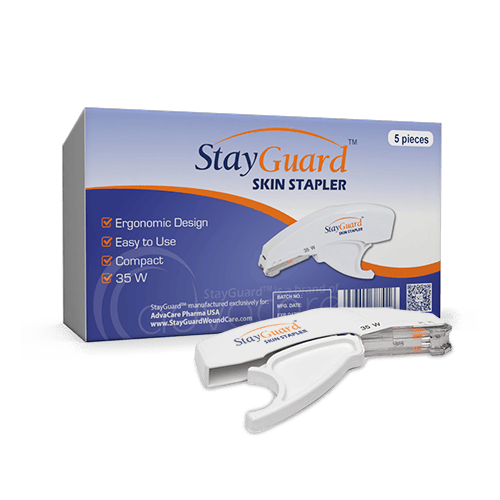 a closeup of an advacare pharma usa StayGuard Skin and Wound Care Skin Stapler