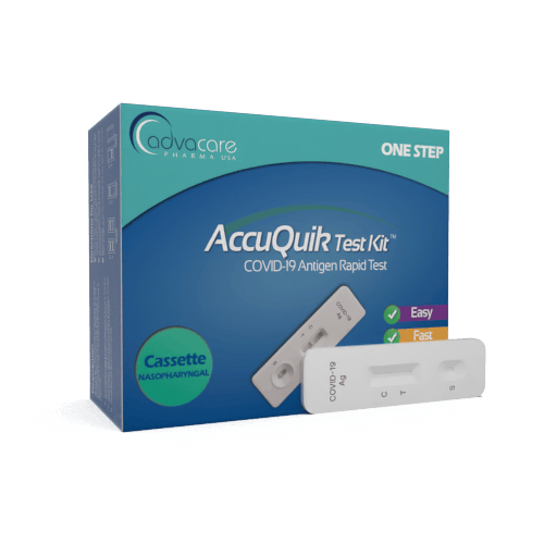 an AdvaCare Pharma USA AccuQuik Test Rapid Kit COVID-19 cassette