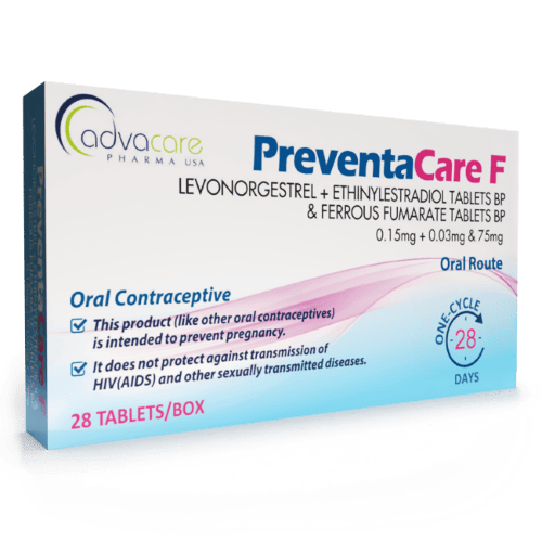 AdvaCare Pharma USA PreventaCare Levonorgestel + Ethinylestradiol and Ferrous Fumarate Tablets Box